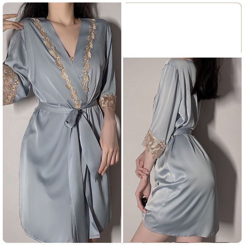 Sling Pajamas Women's Satin Lace Slit Belt Robe Homewear Set