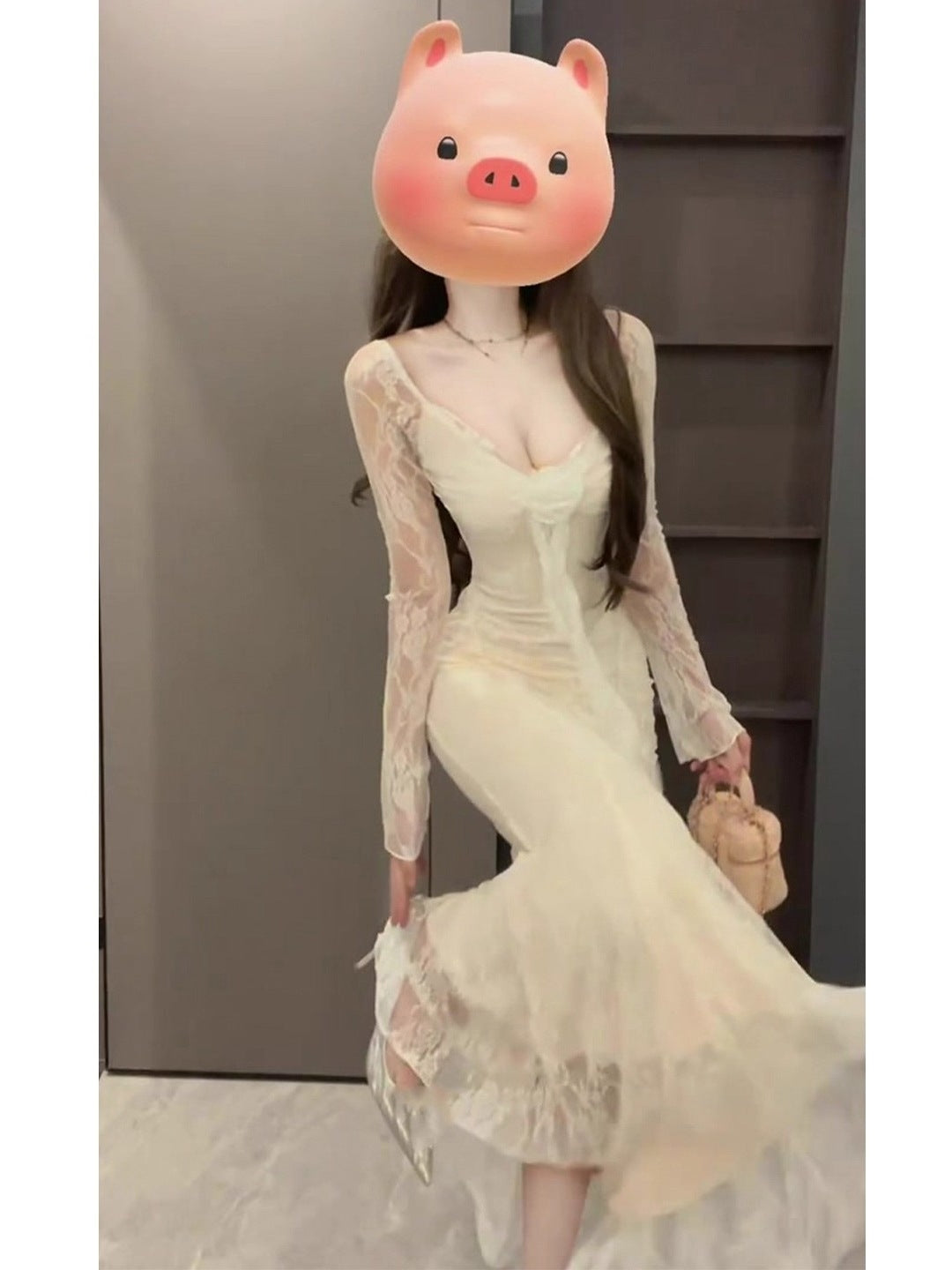 Frenchinspired Softstyle Vneck Lacepanel Longsleeve Dress