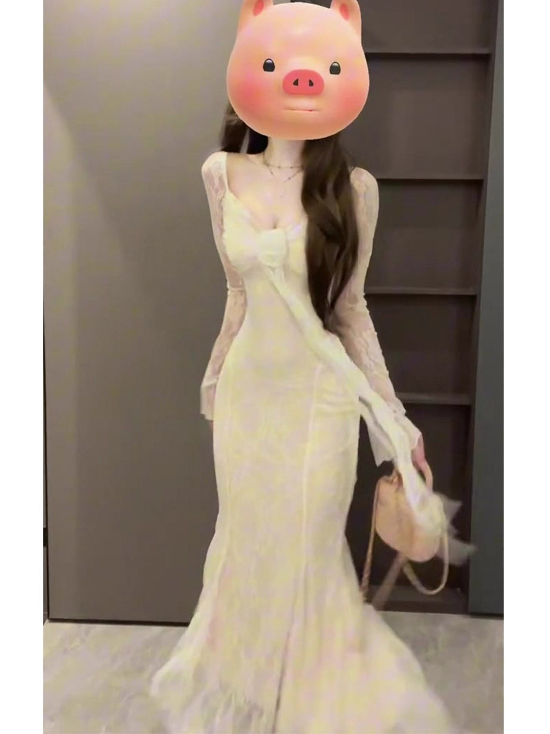 Frenchinspired Softstyle Vneck Lacepanel Longsleeve Dress