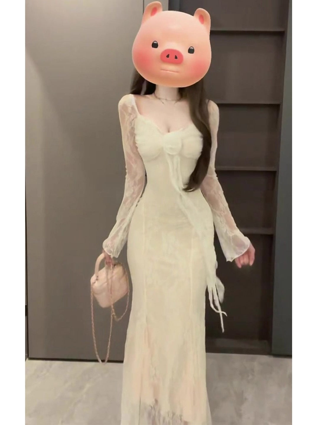 Frenchinspired Softstyle Vneck Lacepanel Longsleeve Dress