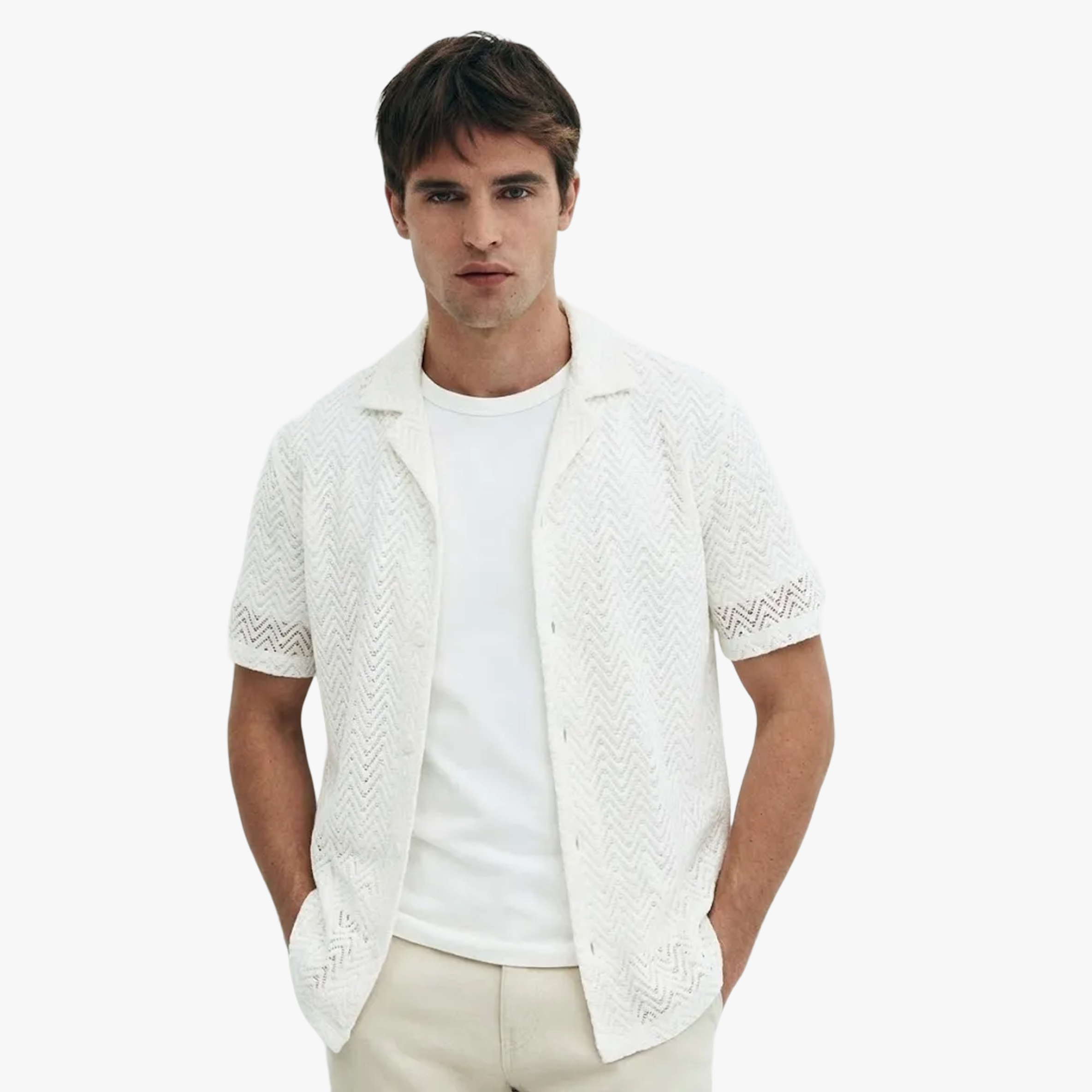 Men's Plus Size Herringbone Eyelet Button Down Knit Shirt