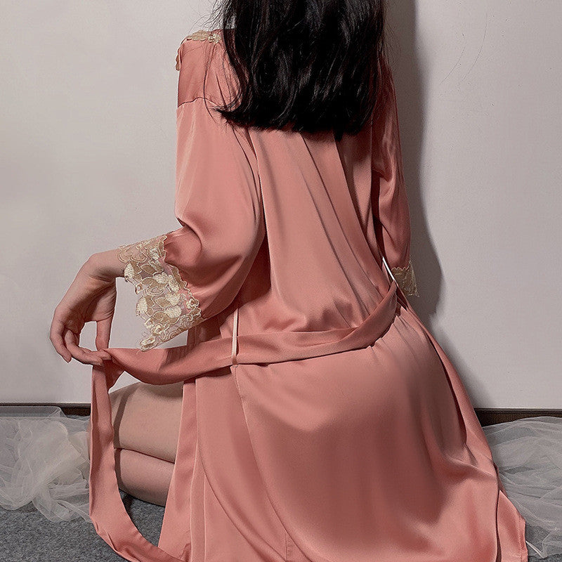 Sling Pajamas Women's Satin Lace Slit Belt Robe Homewear Set