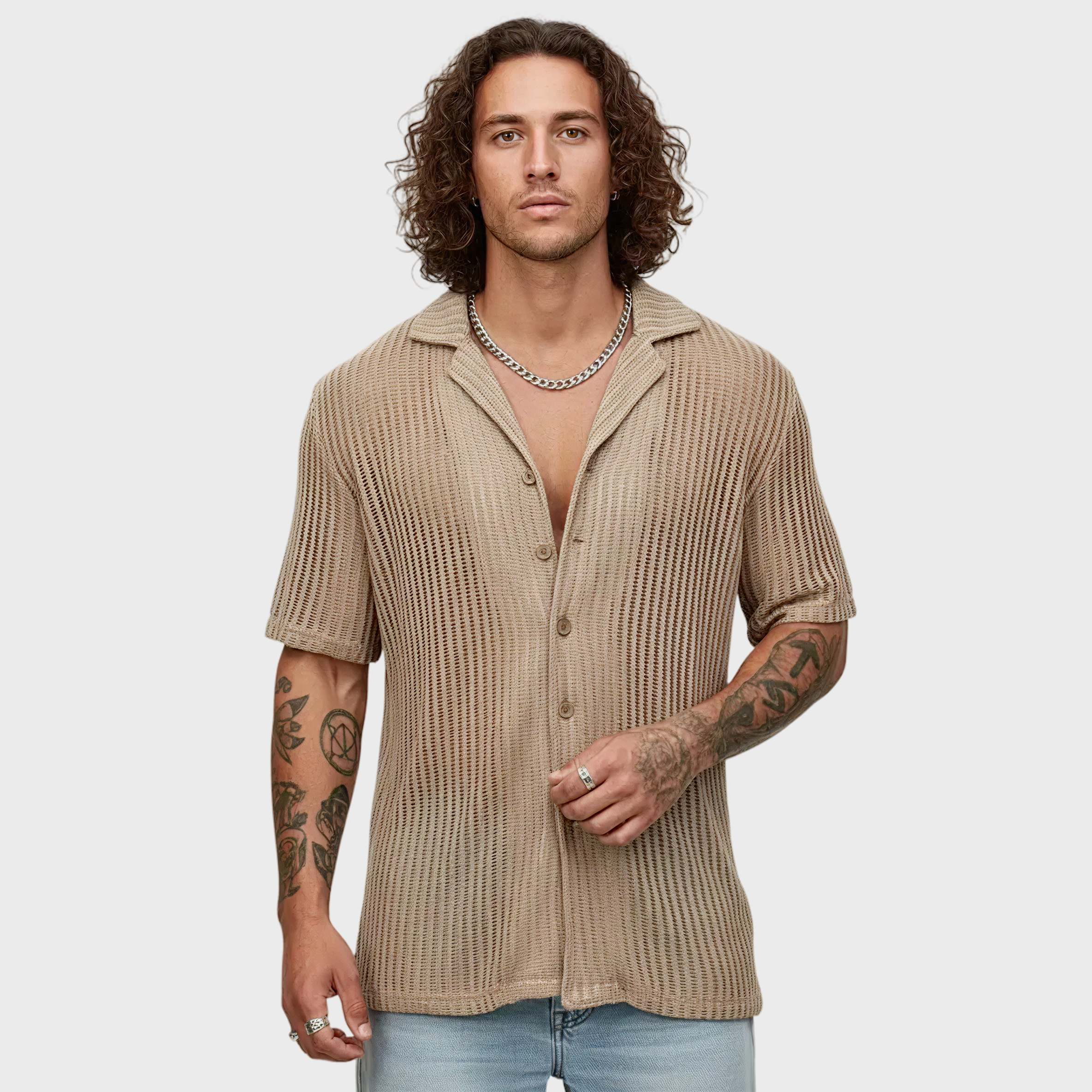 Men's Full Size Openwork Button Down Short Sleeve Shirt Plus Size