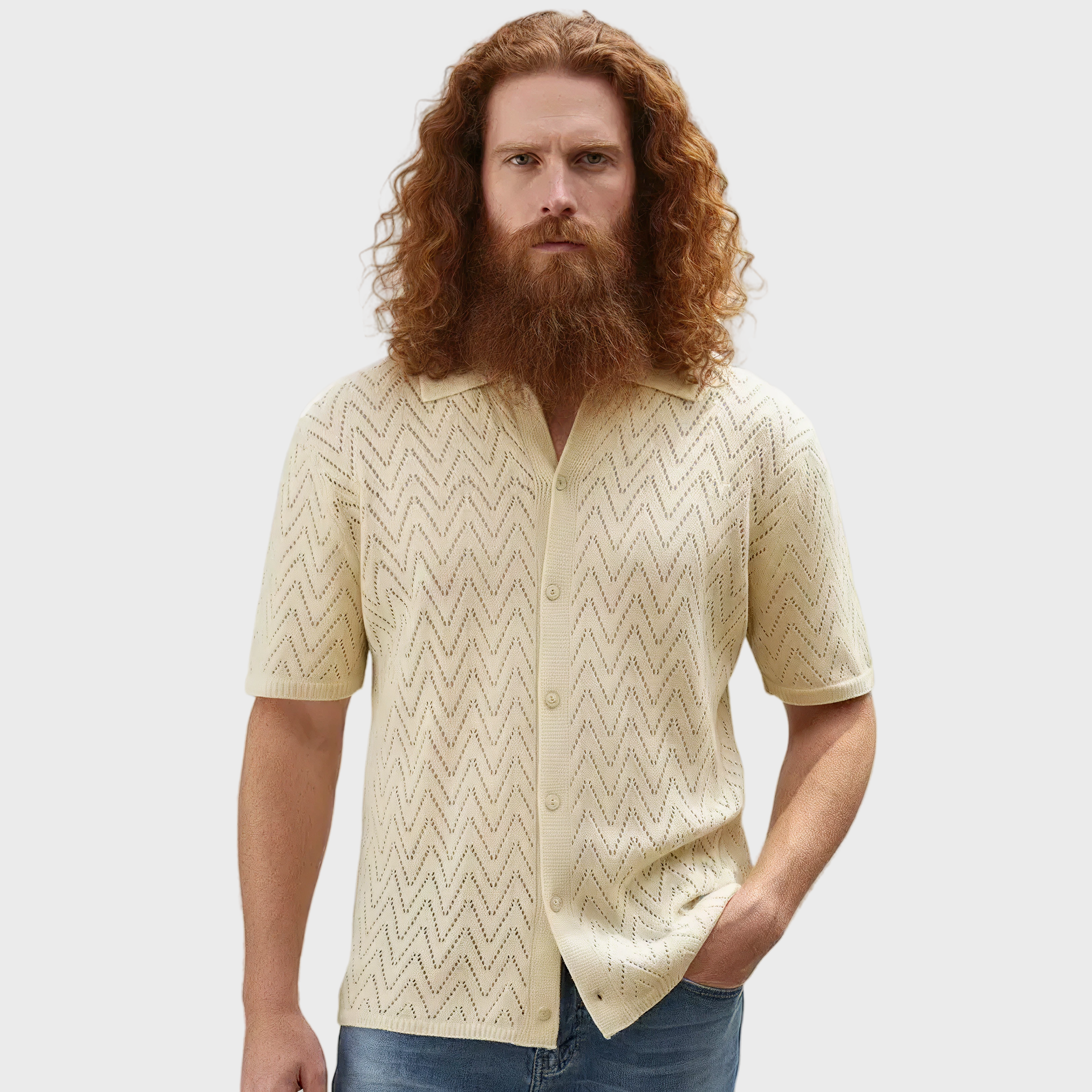 Men's Full Size Openwork Button Down Short Sleeve Shirt Plus Size