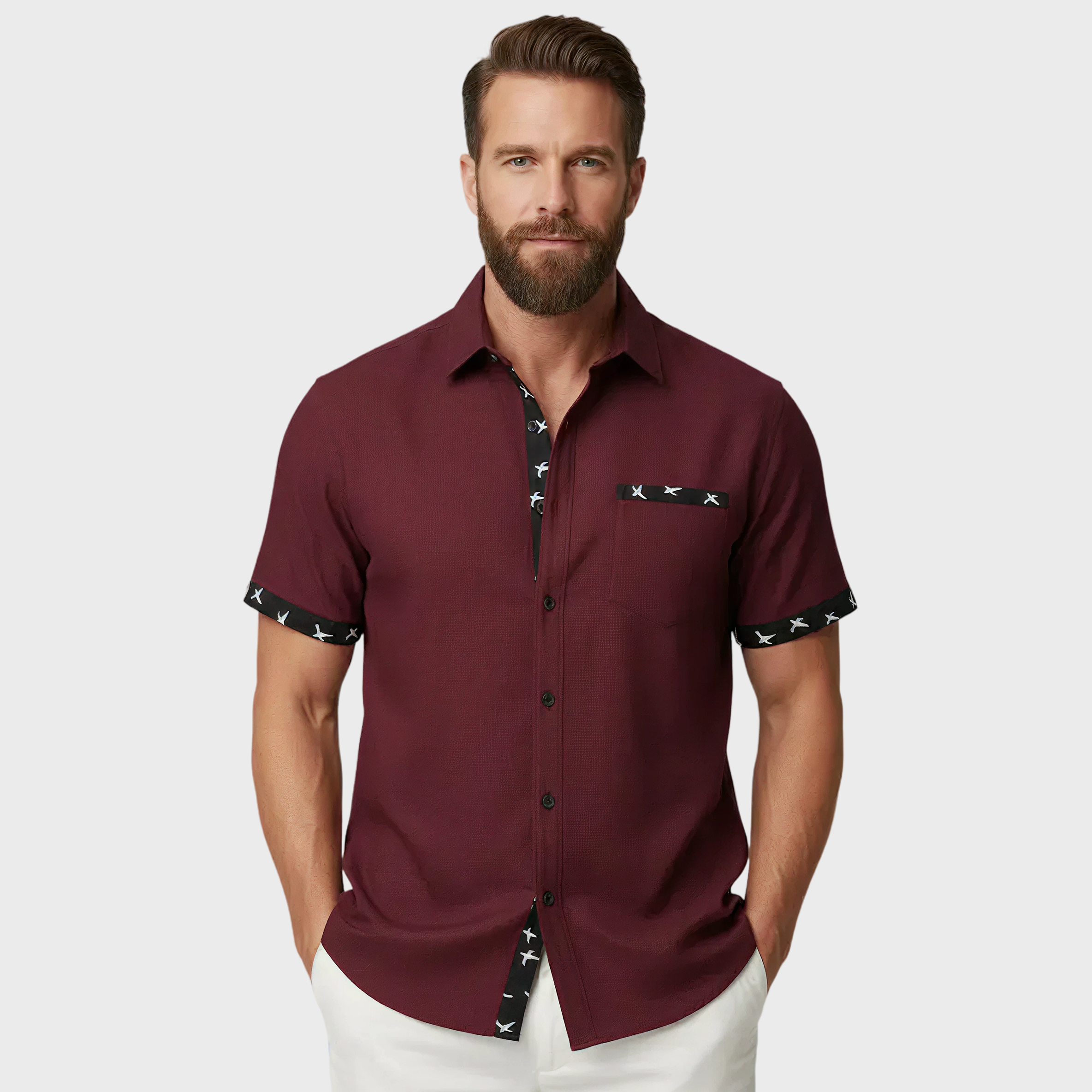 Men's Full Size Contrast Trim Waffle Knit Short Sleeve Shirt Plus Size