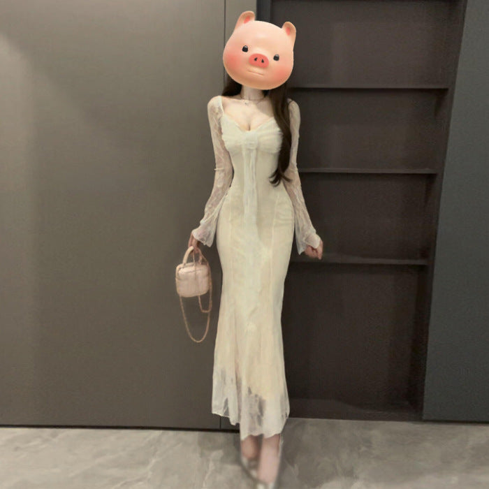 Frenchinspired Softstyle Vneck Lacepanel Longsleeve Dress