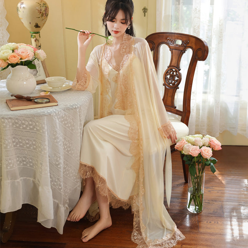 Womens Long-sleeve Nightgown Slip-style Nightdress And Loungewear Set