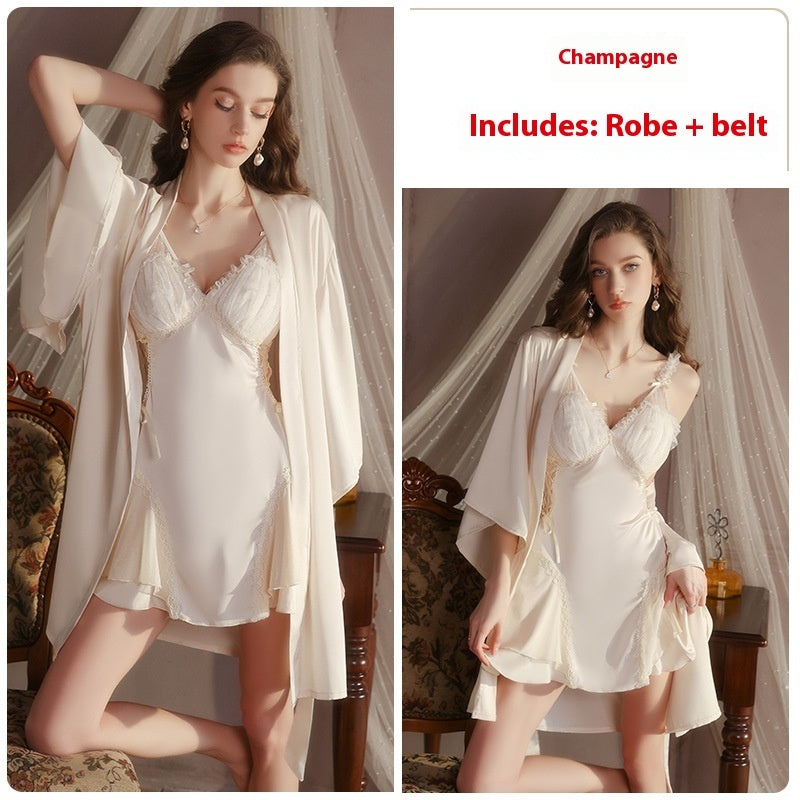 Satin Splicing Yarn Perspective Deep V And Chest Cushion Home Set