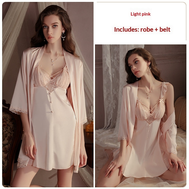 Luxe Sheer Mesh Sexy Nightwear A Sizzling Backless Sleep Dress And Robe Set For At-home Wear