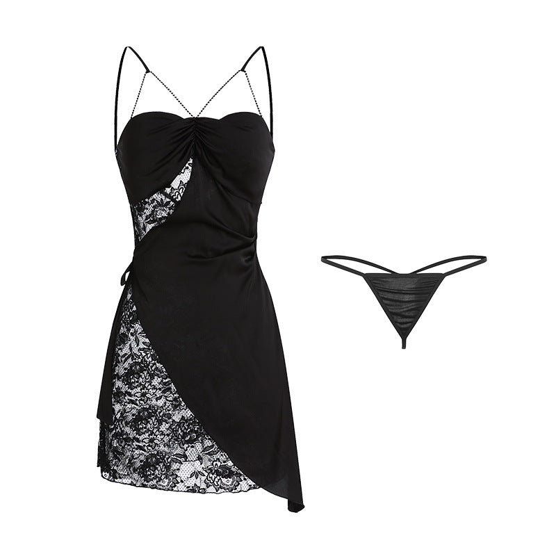 Deep V Chest Pad Pajamas Women's Satin Lace Up