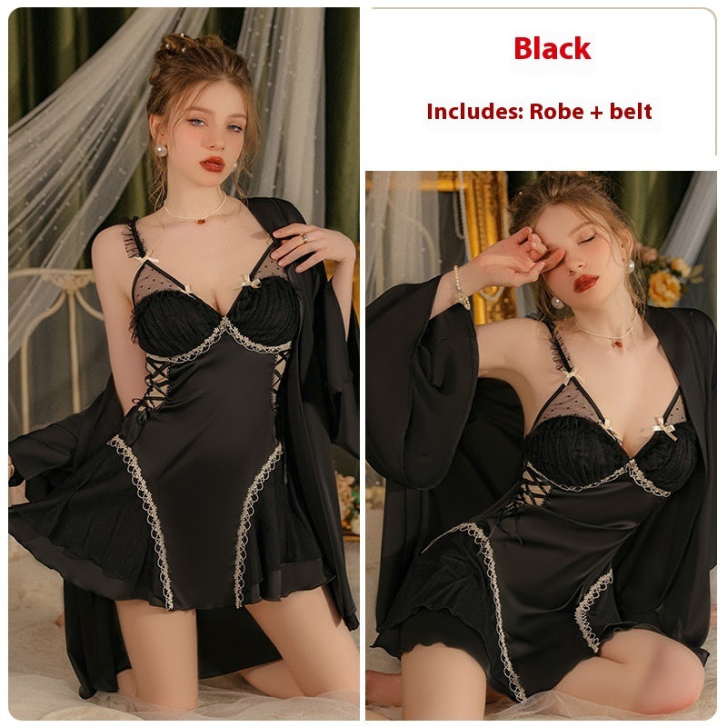 Satin Splicing Yarn Perspective Deep V And Chest Cushion Home Set