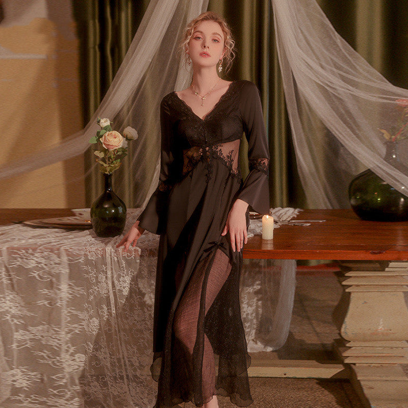 Backless Lace See-through Chest Pad Gathered Long Solid Color Nightdress