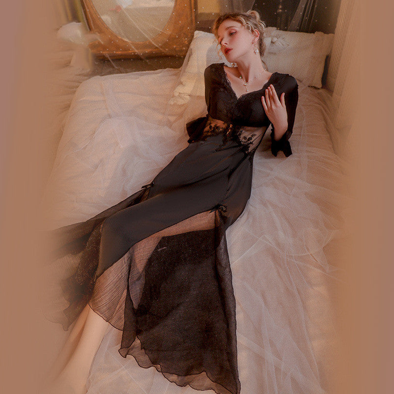 Backless Lace See-through Chest Pad Gathered Long Solid Color Nightdress