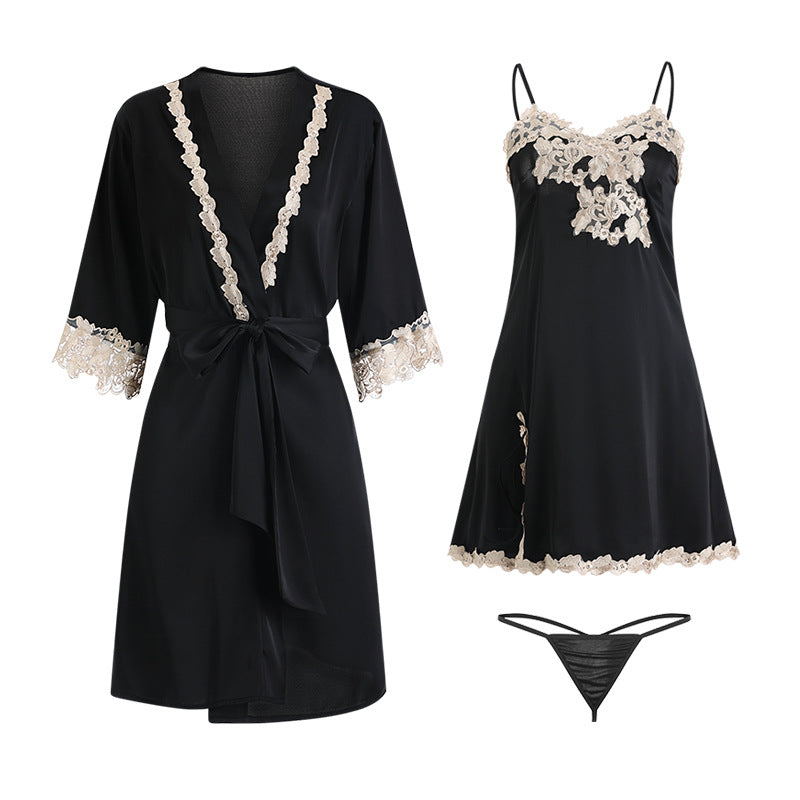 Sling Pajamas Women's Satin Lace Slit Belt Robe Homewear Set