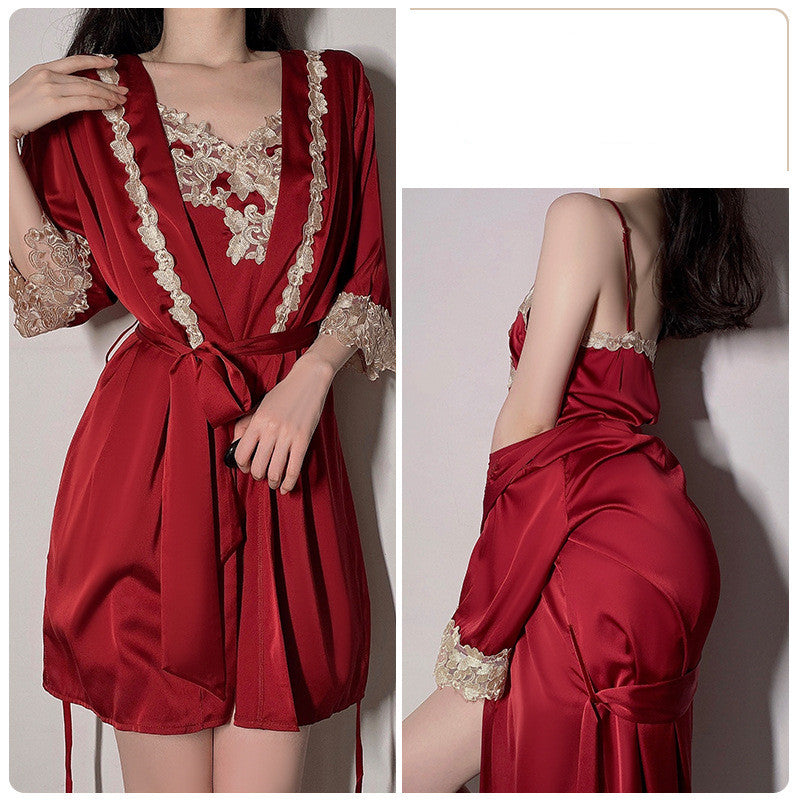 Sling Pajamas Women's Satin Lace Slit Belt Robe Homewear Set