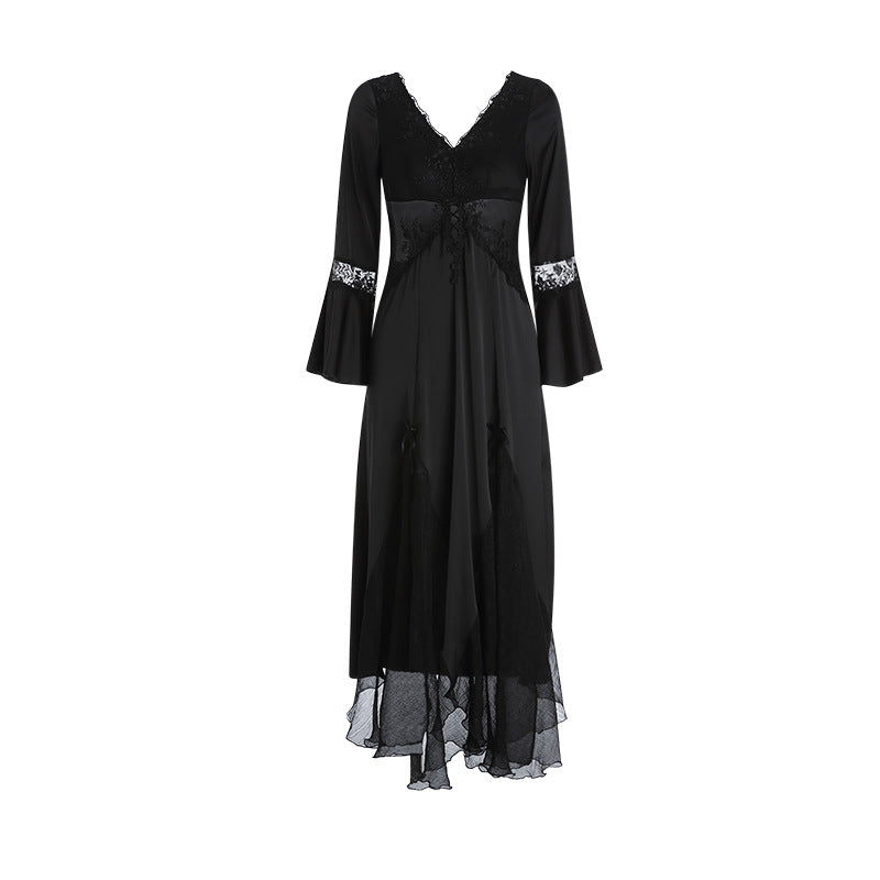 Backless Lace See-through Chest Pad Gathered Long Solid Color Nightdress