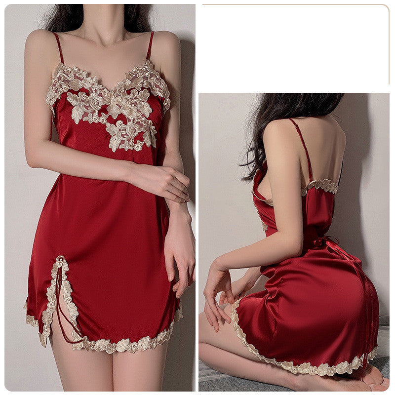 Sling Pajamas Women's Satin Lace Slit Belt Robe Homewear Set