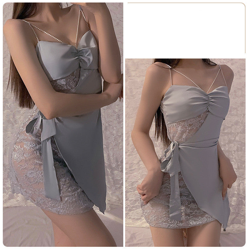 Deep V Chest Pad Pajamas Women's Satin Lace Up