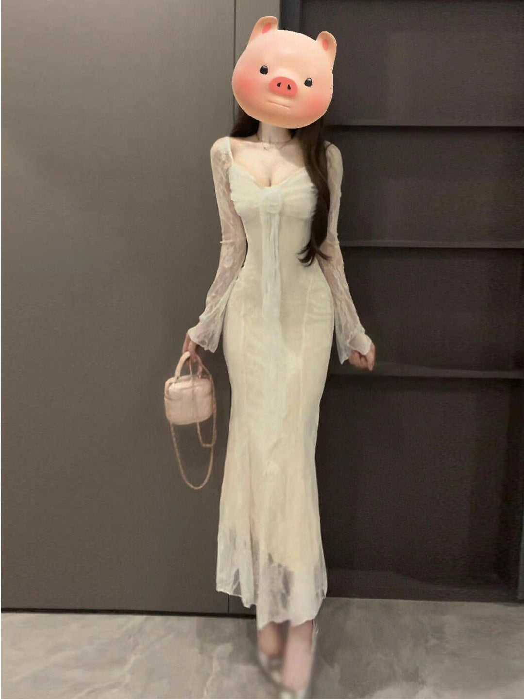 Frenchinspired Softstyle Vneck Lacepanel Longsleeve Dress