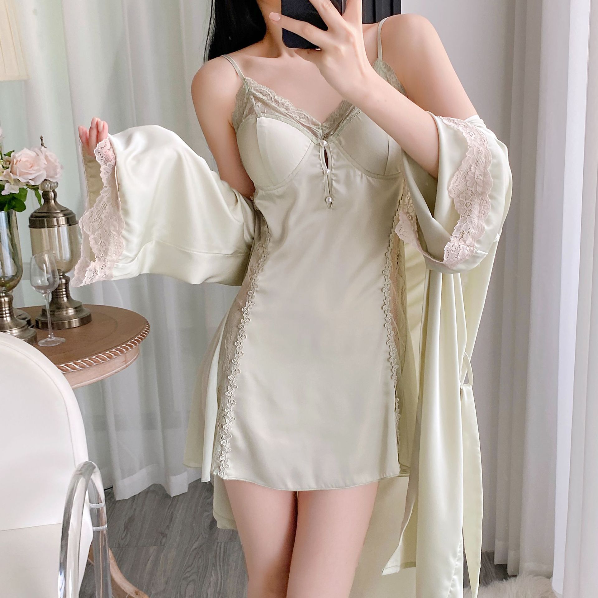 Girls' Night Skirt Suit Ice Silk Suspender Skirt Outerwear Gown Two-piece Set