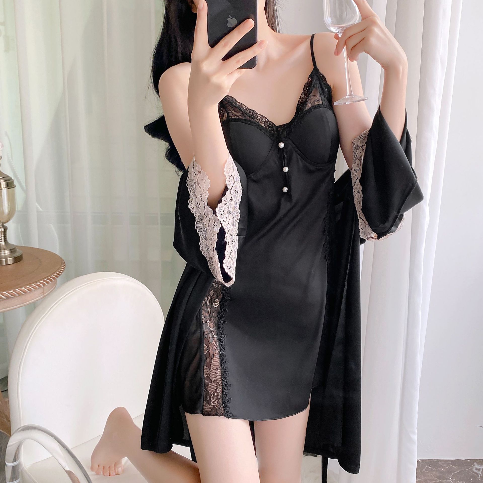 Girls' Night Skirt Suit Ice Silk Suspender Skirt Outerwear Gown Two-piece Set