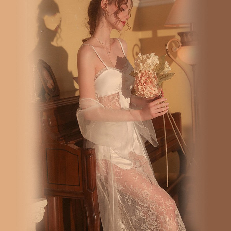 Long Lace Suspender Nightdress Lace Up Women's Home Clothes Suit