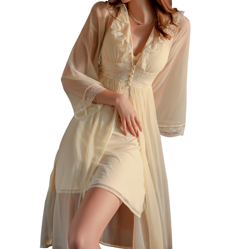 Women's Mesh Pajamas With Chest Pads Suspenders Nightdress Robe