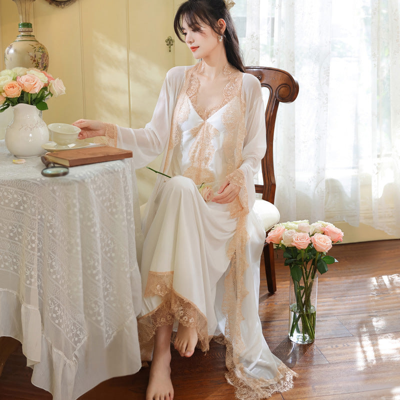 Womens Long-sleeve Nightgown Slip-style Nightdress And Loungewear Set