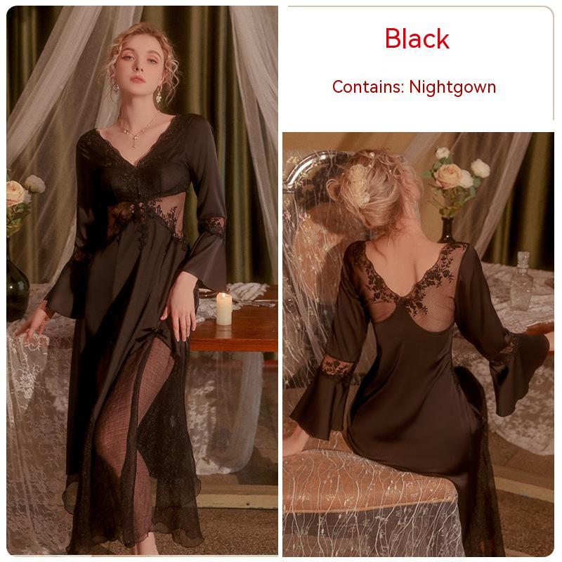 Backless Lace See-through Chest Pad Gathered Long Solid Color Nightdress