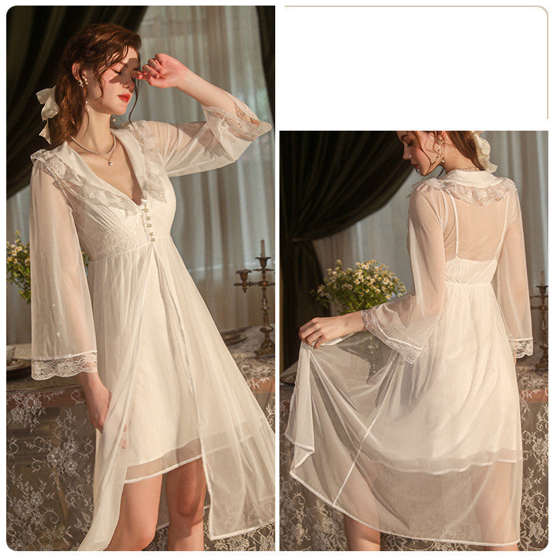 Women's Mesh Pajamas With Chest Pads Suspenders Nightdress Robe
