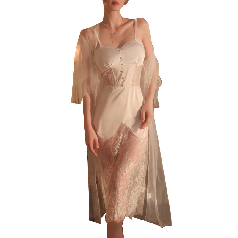 Long Lace Suspender Nightdress Lace Up Women's Home Clothes Suit