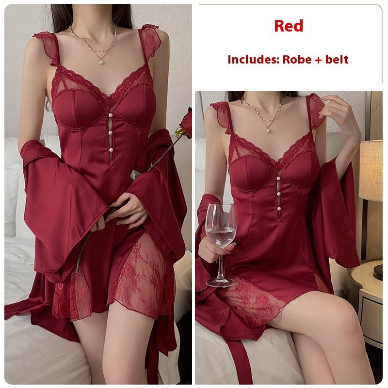 Summer New Satin Stitching Chest Pad Plus Size Night Skirt Suit