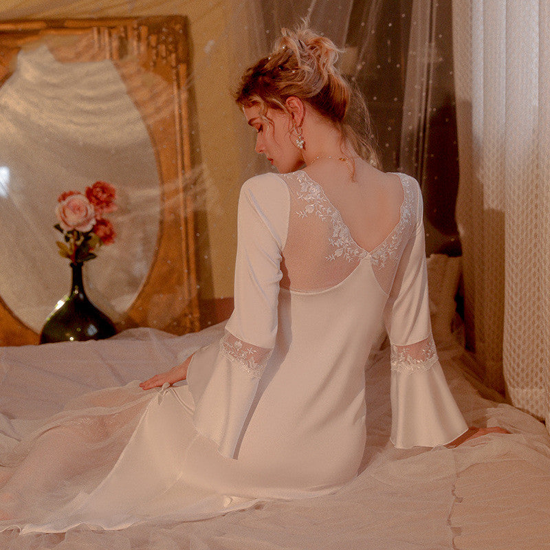 Backless Lace See-through Chest Pad Gathered Long Solid Color Nightdress